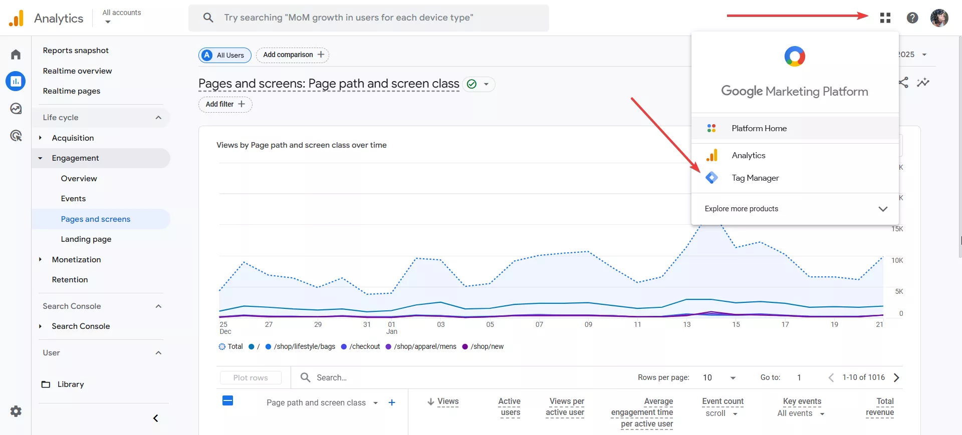 Перейдите в GTM по ссылке или со страницы Google Analytics 4 (GA4), кликнув на четыре точки в правом верхнем углу.