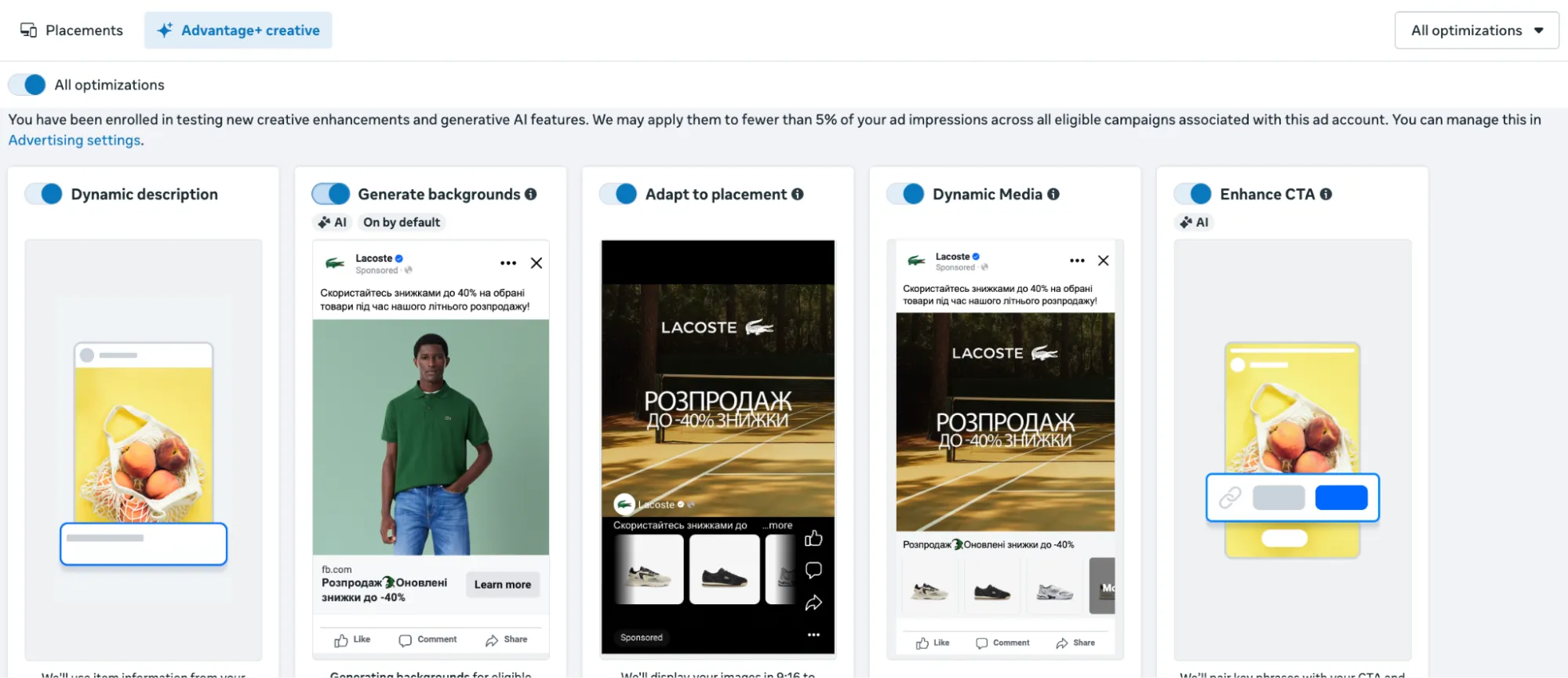 Під час налаштування ми додали всі види оголошень (каталог, Instant, відео, каруселі, банери) та увімкнули всі покращення.