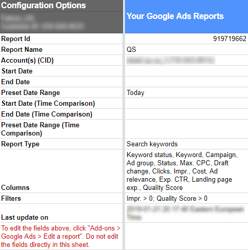 Появится лист с настройками будущего отчета