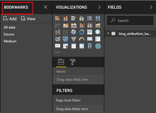 После этого к привычным панелям «Visualization» и «Fields», добавится «Bookmarks»