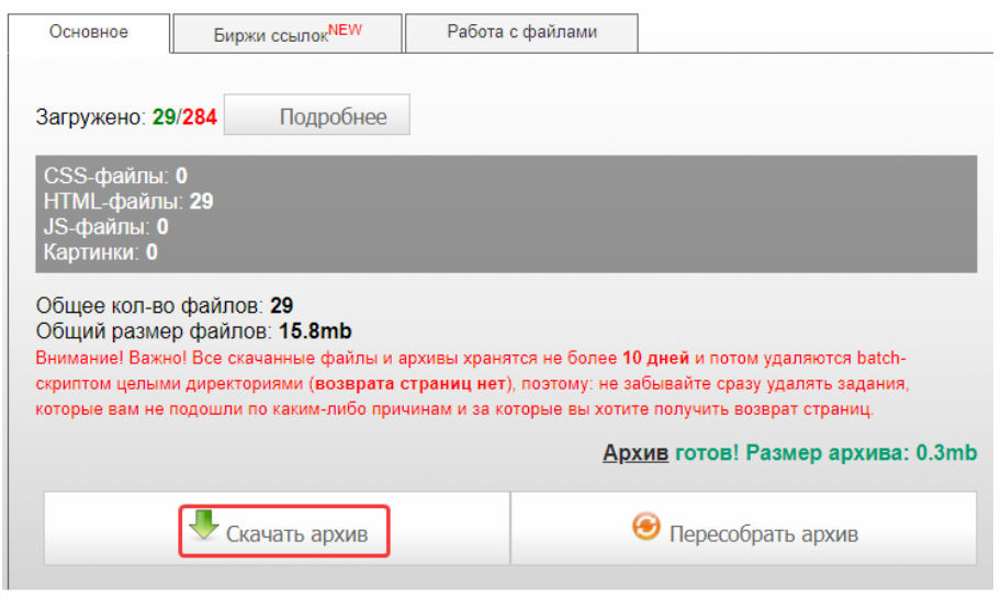 После этого нажимаем «Скачать архив»