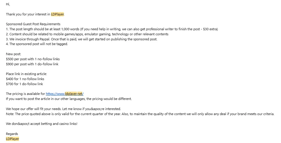 Приклад листа з пропозицію про розміщення лінків