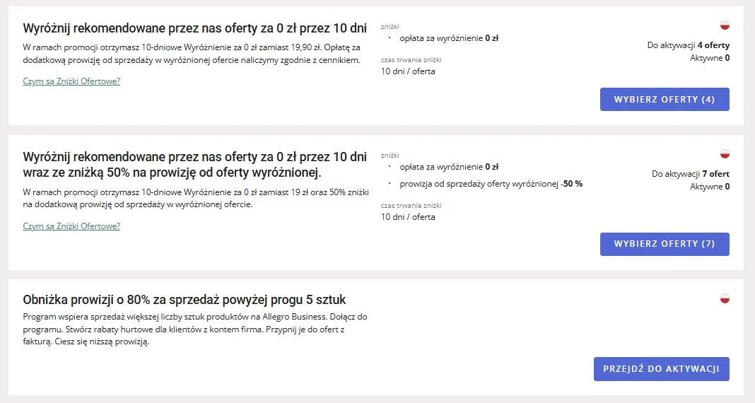 Приклад рекомендованих маркетингових заходів для продавців на Allegro.pl.
