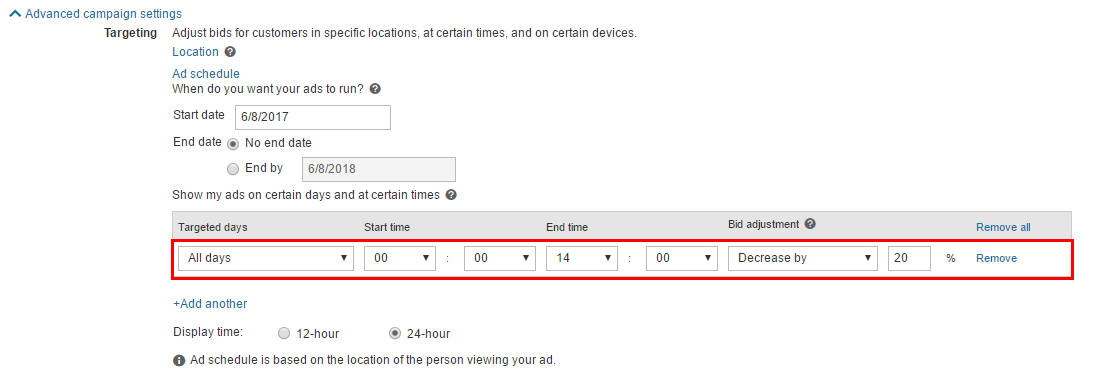 Расписание показов в Bing