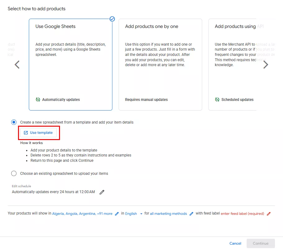 Добавление через Google Таблицы