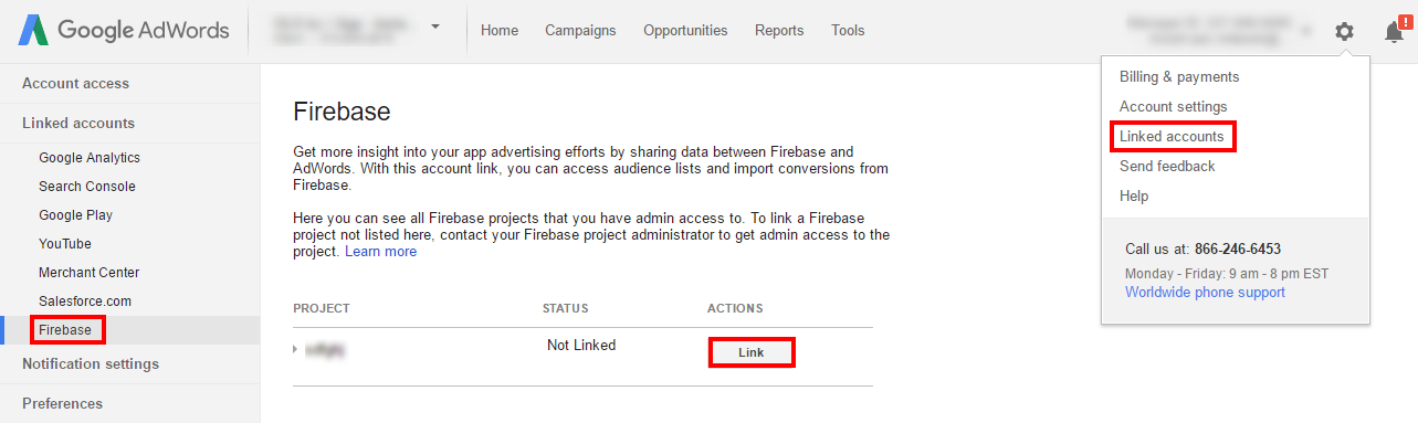 свързване на Google AdWords акаунта с Firebase