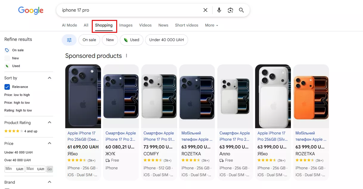 Отображение Google Shopping на вкладке Shopping