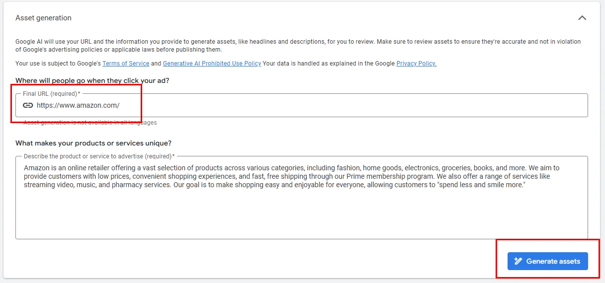 ШІ аналізує ваш кінцевий URL (сторінку, котру рекламуєте), наявні елементи оголошення та ключові слова в групі.