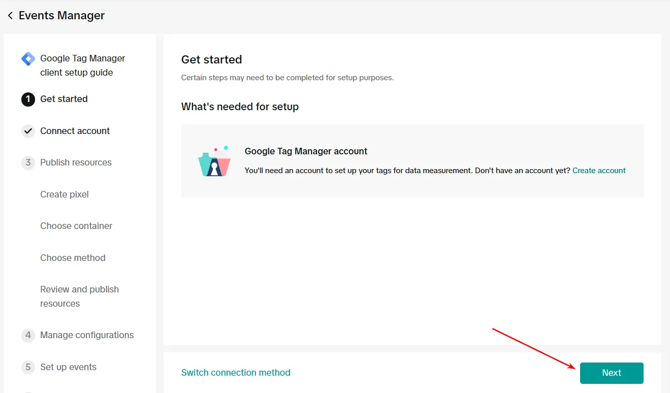 Система переспрямує вас на гайд з підключення Google Tag Manager. Натисніть Next.