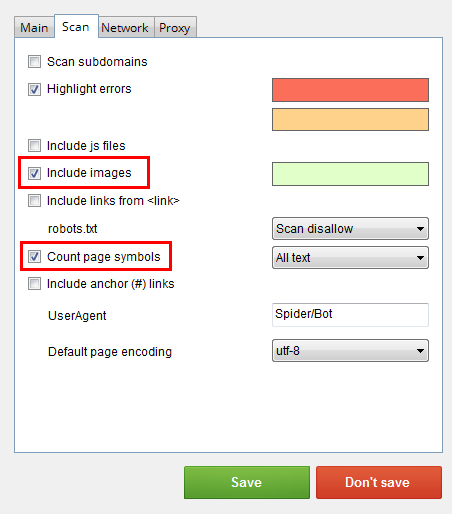 In the menu “Settings”-”Scan” set the checkboxes “Include images” and “Count page symbols”