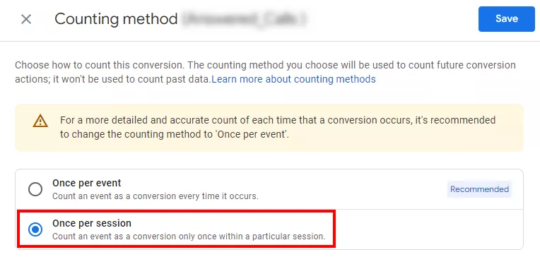 Щоб повернутися до моделі підрахунку Universal Analytics, в GA4 змініть в меню «Conversion Events» спосіб підрахунку на «Once per session».