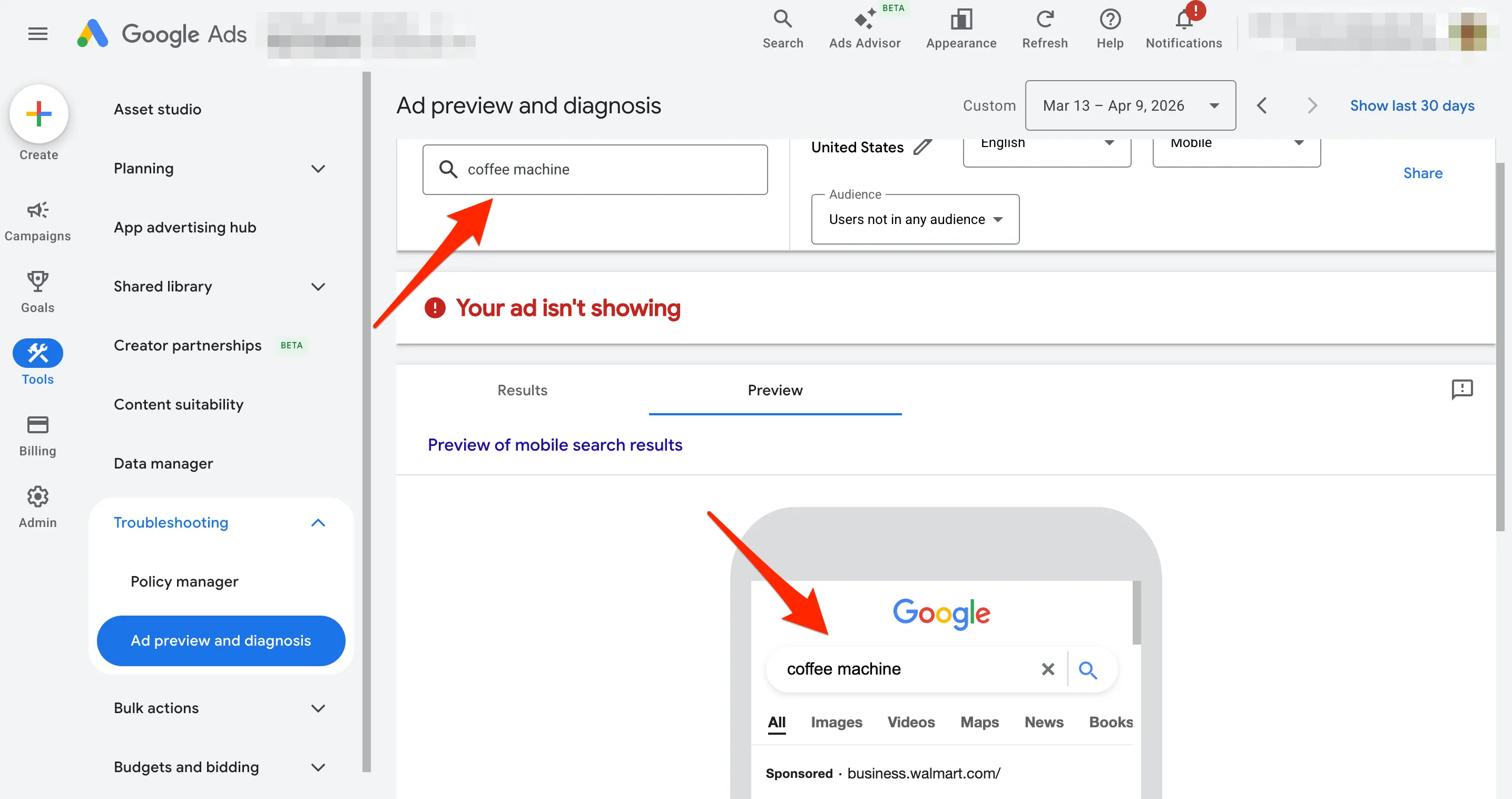Щоби побачити прев’ю оголошення, пройдіть шляхом Tools — Troubleshooting — Ad preview and diagnosis і введіть у текстовий рядок пошуковий запит.