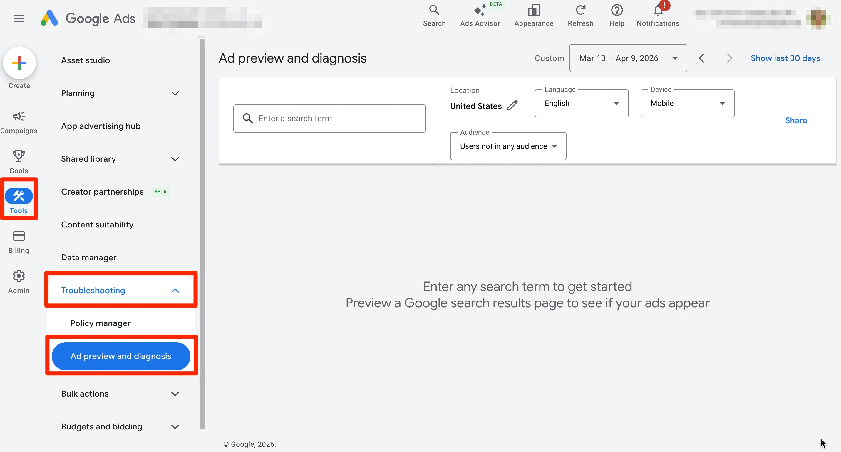 Щоби побачити прев’ю оголошення, пройдіть шляхом Tools — Troubleshooting — Ad preview and diagnosis і введіть у текстовий рядок пошуковий запит.
