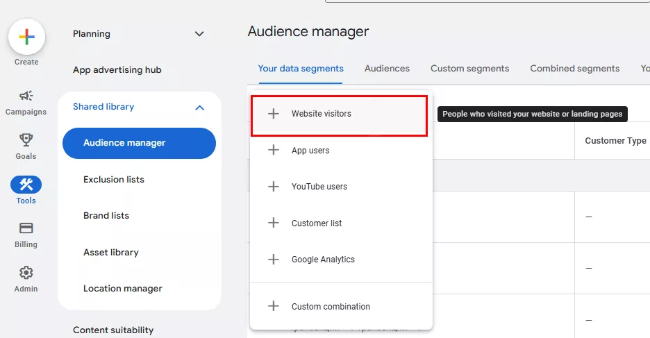 Создать сегмент «Your data segment — Website visitors (in the past 30 days)».