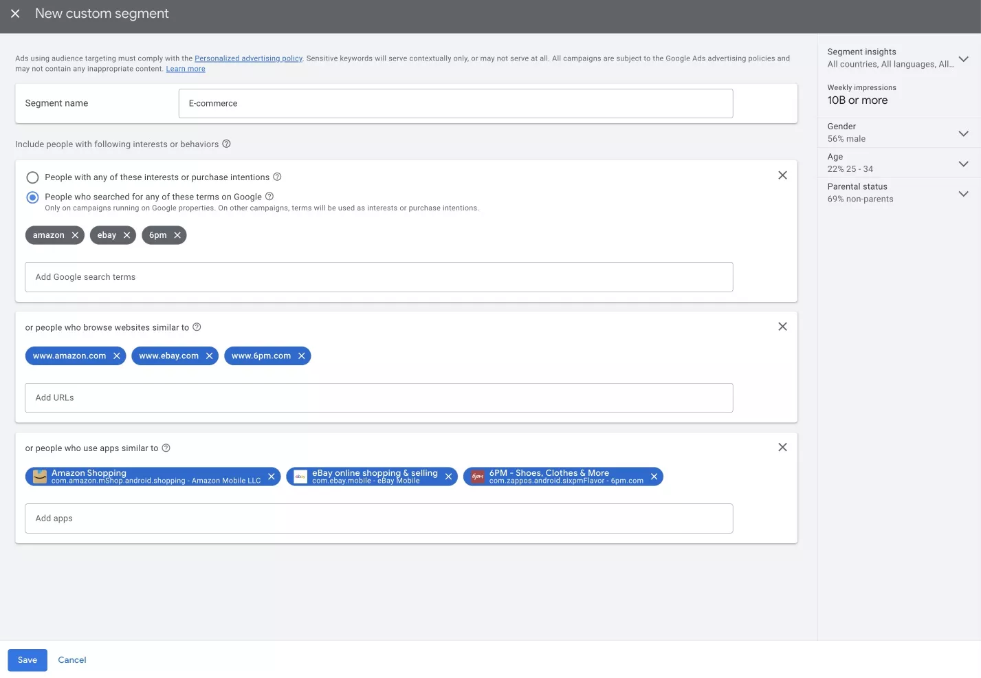 Step 3. Enter a name for your new segment. Add interests or behavioral characteristics that match the target audience. These can be search queries, websites or apps the users’ visit, or content they view.