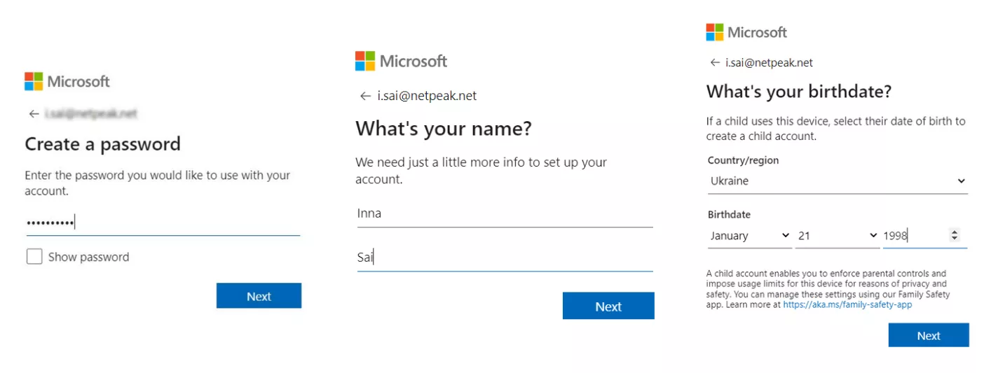 Створіть пароль, а після цього введіть прізвище, ім’я і дату народження