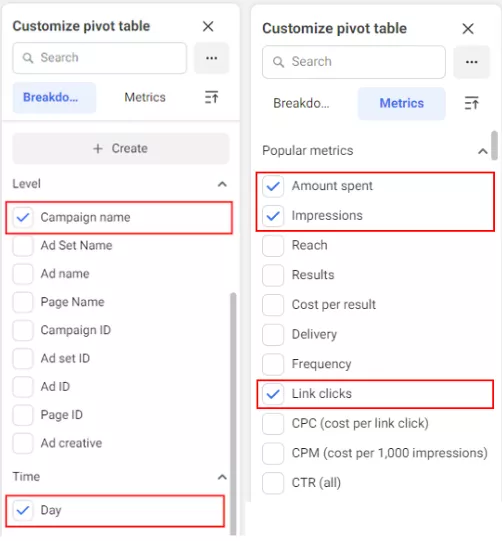 The metrics you need are the amount spent (which corresponds to the cost parameter from the template), impressions, and link clicks.