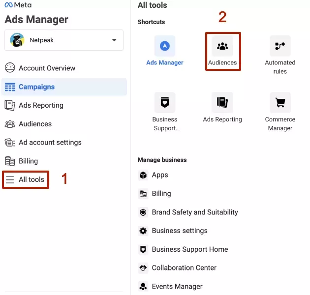 Има и друг начин за създаване на персонализирани аудитории. За да направите това, отворете страничното меню на Meta Ads Manager, изберете All tools и щракнете върху Audiences.