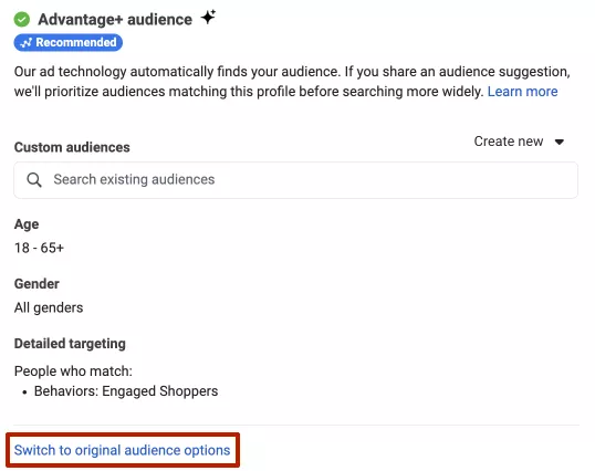 To access the detailed settings, we need to disable the automatic audience selection by clicking Switch to original audience options.