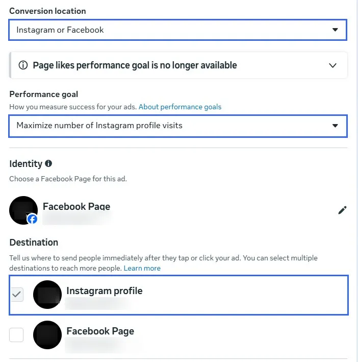 Місце призначення: оберіть профіль Instagram