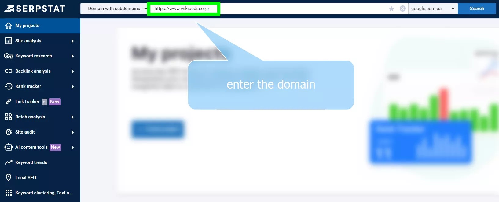 Type the website’s domain name into the Serpstat search bar to check for sitelinks.