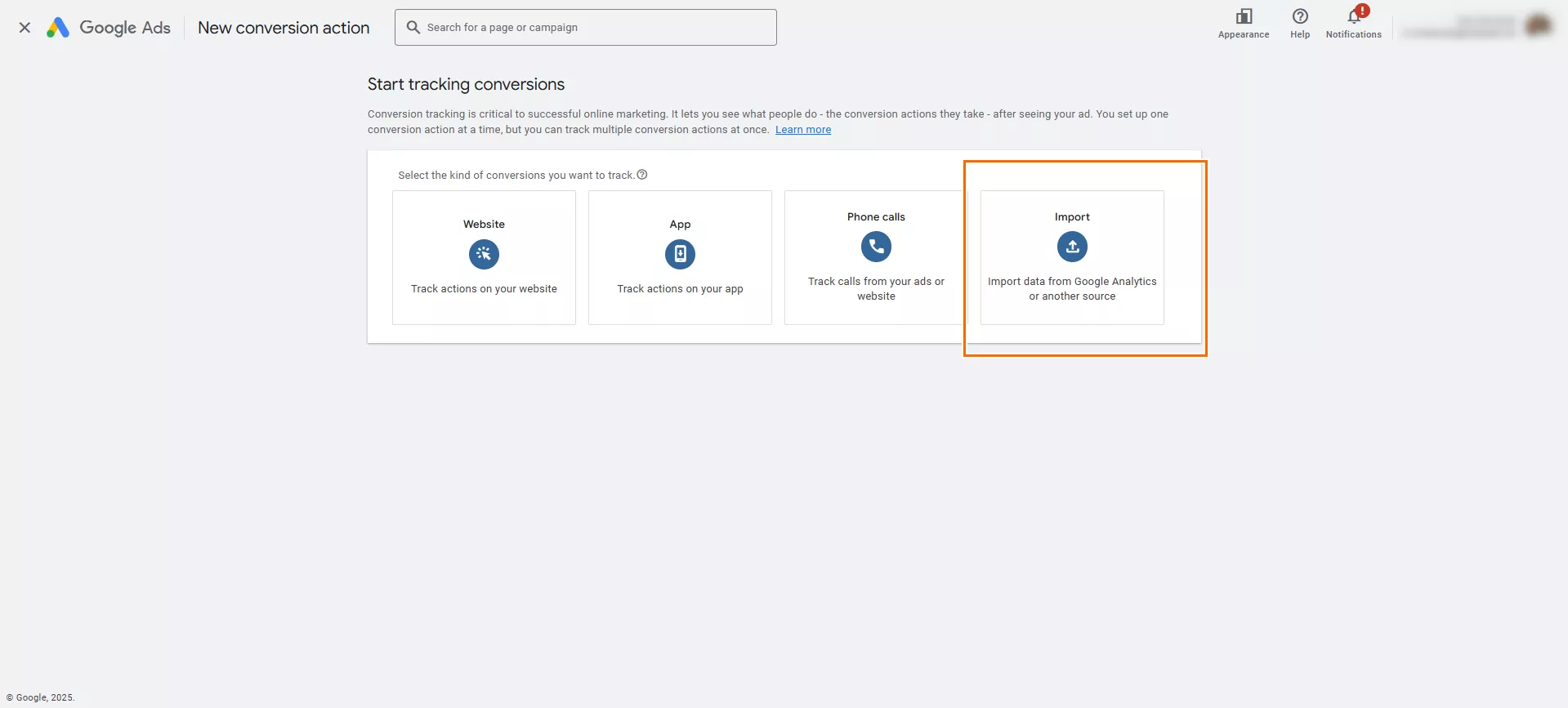У Summary знайдіть Create convertion action і клікніть Import.