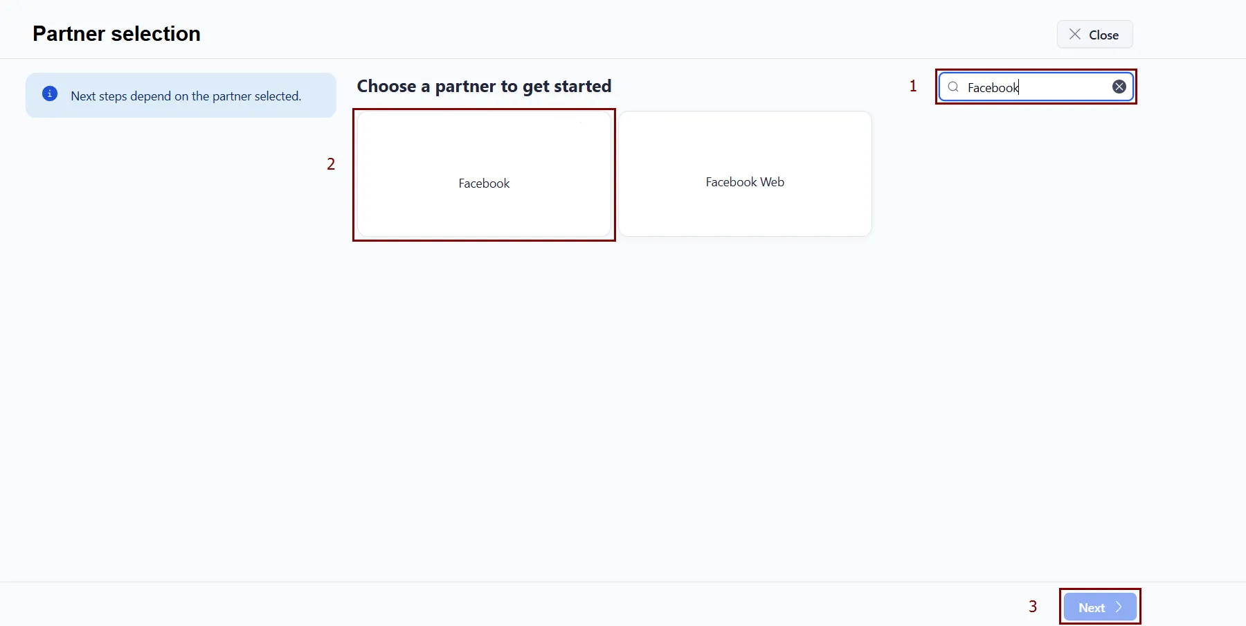 У вікні «Partner selection» оберіть Facebook і натисніть «Next».