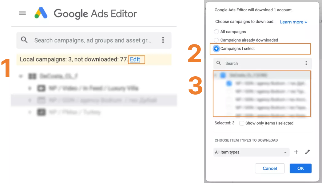 У випадку, коли обліковий запис має великий обсяг даних і комп’ютер не порається з ним, вивантажуйте не весь акаунт в Google Ads Editor, а лише обрані кампанії.