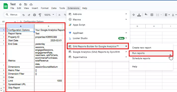 Сформується новий лист «Report Configuration». В меню доповнення натисніть «Run reports».
