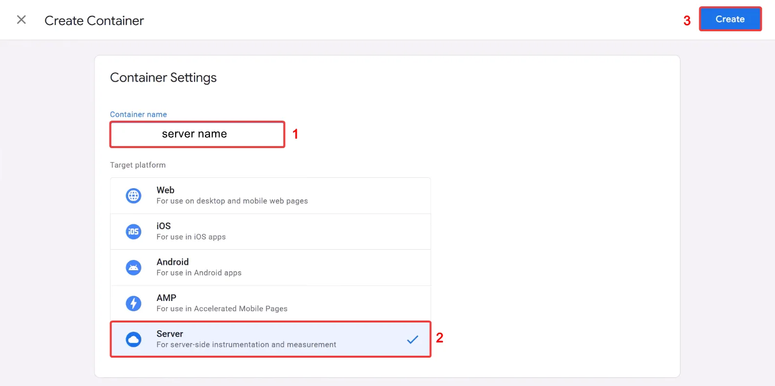  В налаштуваннях введіть назву контейнера та оберіть тип &laquo;Server&raquo;. Натисніть &laquo;Create&raquo;.