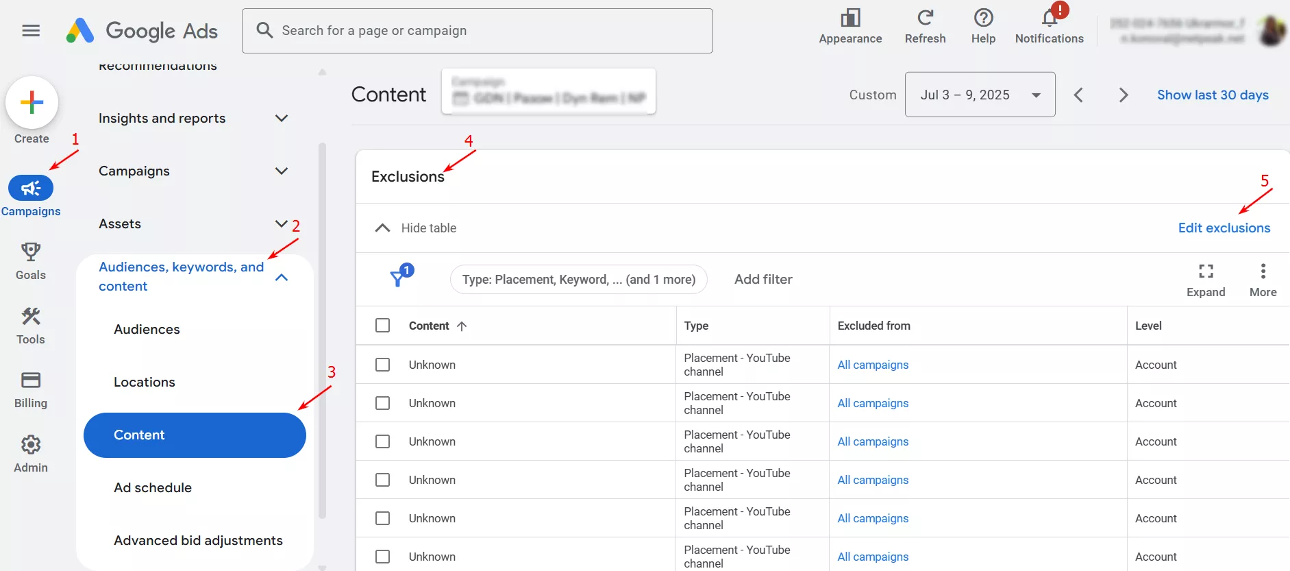 В разделах Google Ads нажмите раскрывающееся меню «Audience, keywords and content — Content — Exclusions — Edit exclusions».