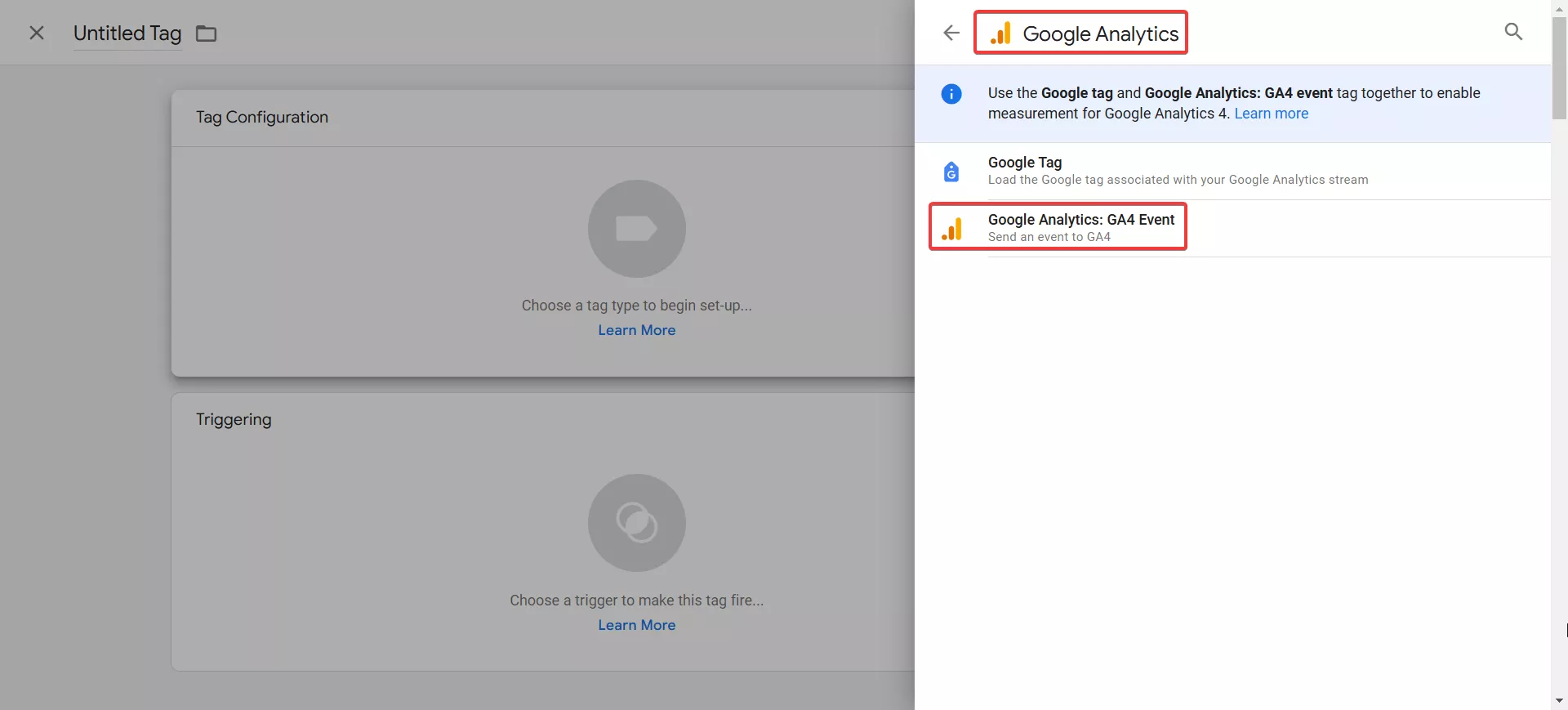 В Tag Configuration з запропонованих типів тегів оберіть Google Analytics — Google Analytics: GA4 Event.