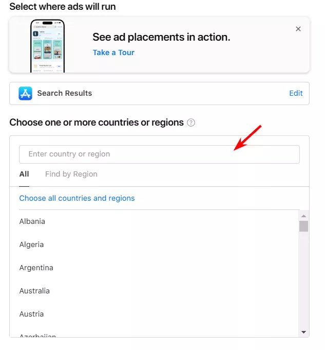 Виберіть країни чи регіони в полі Choose one or more countries and regions де СРР буде використовуватися в рекламних кампаніях.