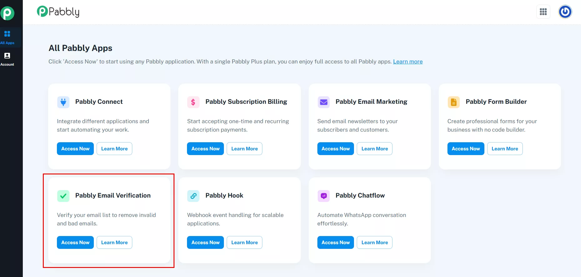 Відкривається загальне меню. В ньому виберіть Pably Email Verification.