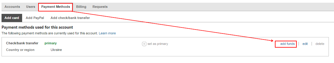 возле созданного метода оплаты нажмите «add funds»