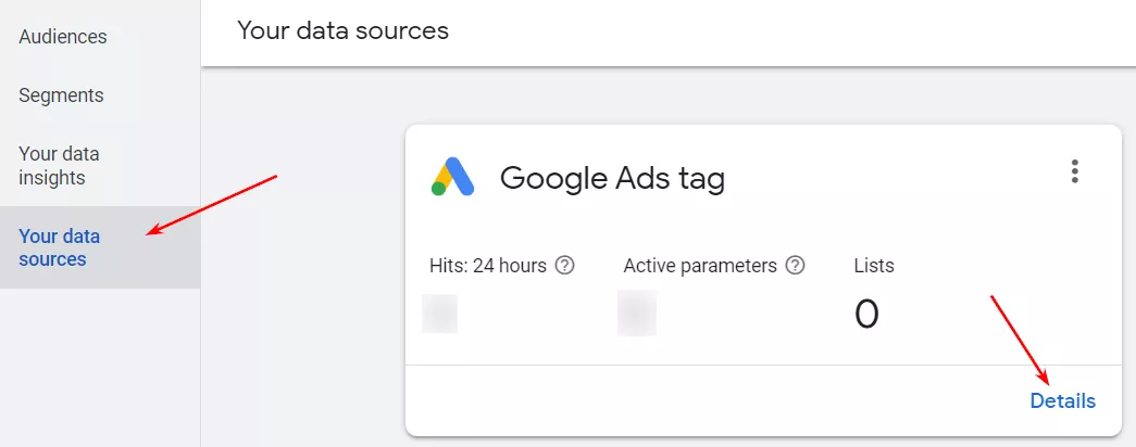 Выберите «Источники данных» — «Тег Google Рекламы» — «Подробности».
