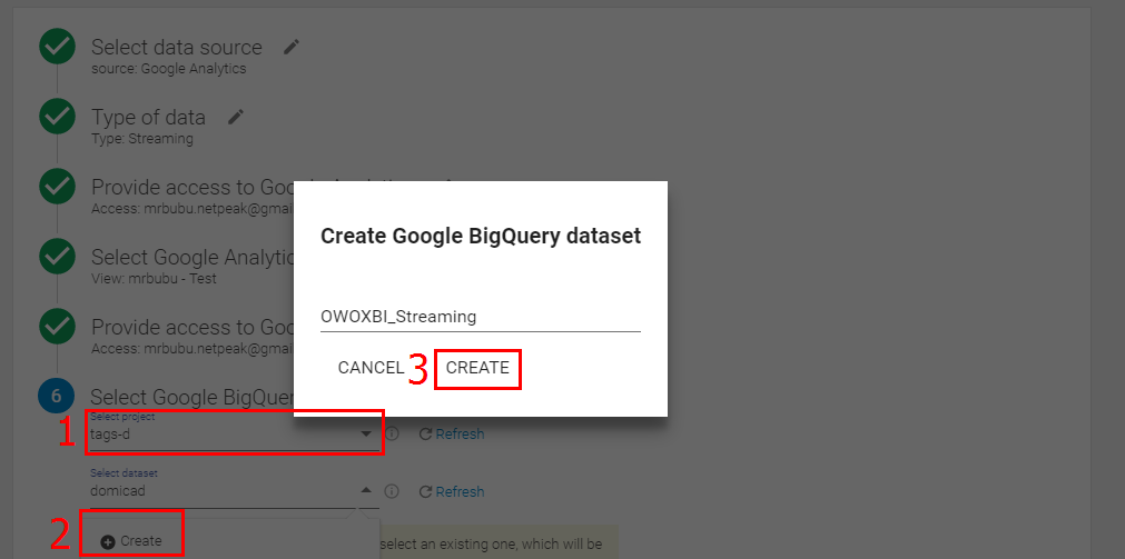 Выберите созданный во втором пункте проект в Google Cloud Platform и сформируйте набор данных