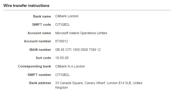 Wire transfer instructions