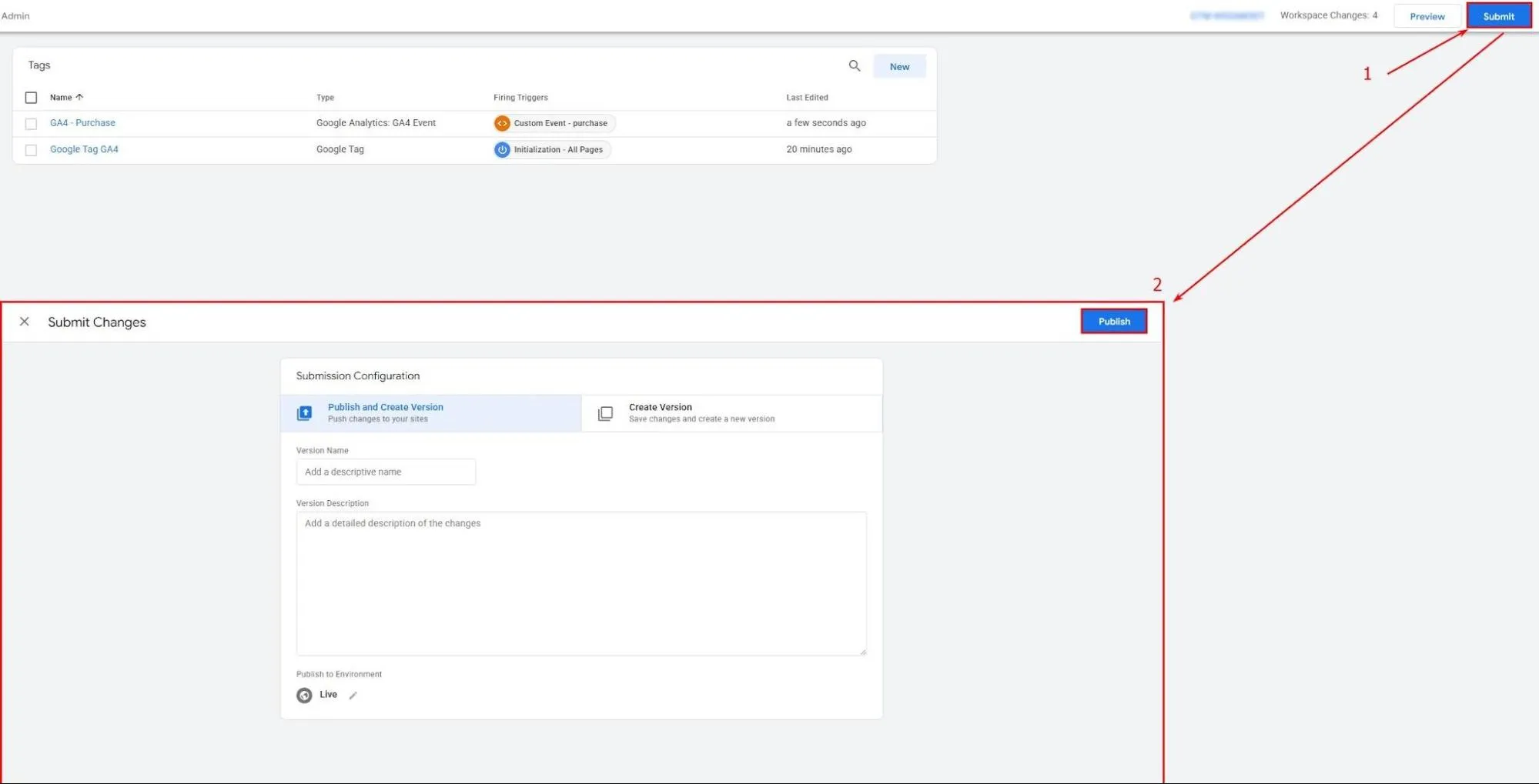 збережіть тег і опублікуйте його в робочій області Google Tag Manager
