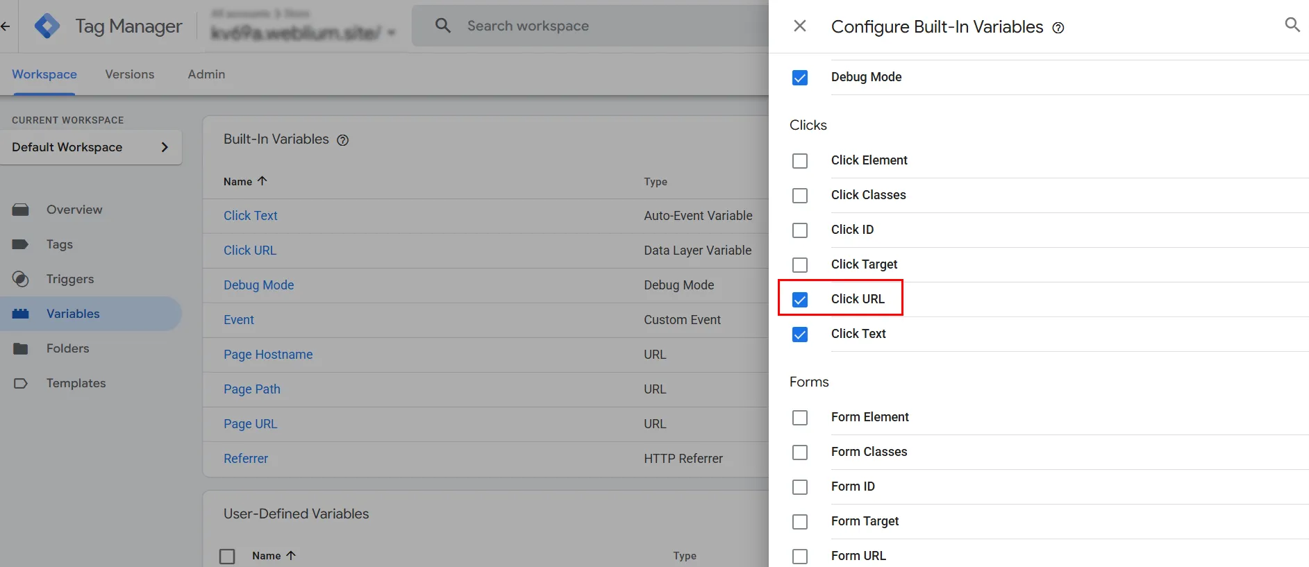 знайдіть розділ Clicks і поставте галочку навпроти Click URL