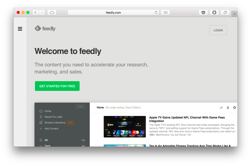 Заходим на feedly.com, нажимаем Get started for free