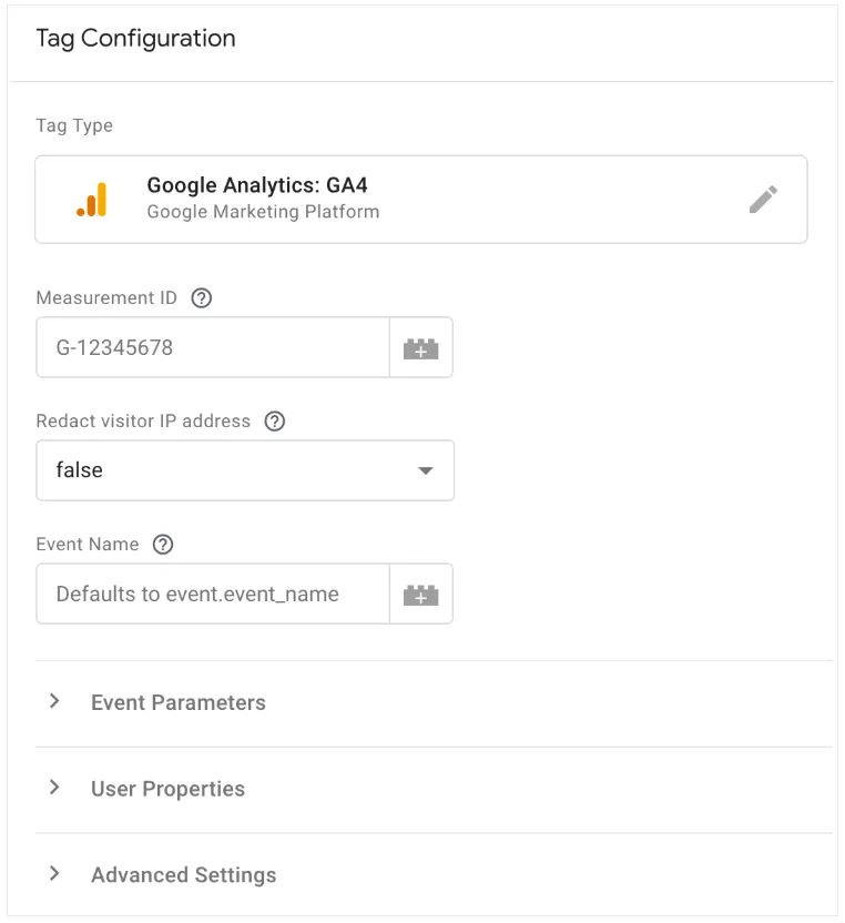 Залиште всі поля за замовчуванням &mdash; тег автоматично успадкує параметри з події, яку створив клієнт.