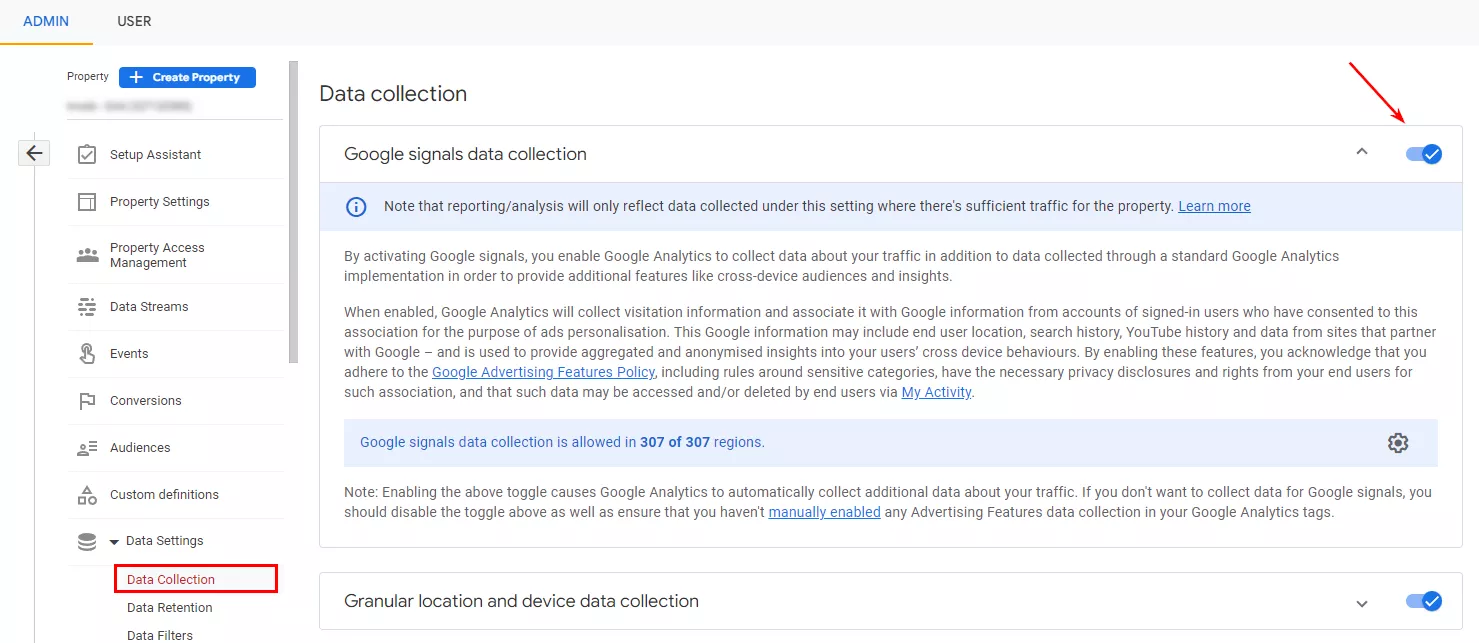 Якщо ні, увімкніть його. Зробити це можна за шляхом «Admin — Data Settings — Data Collection — Google signals data Collection».